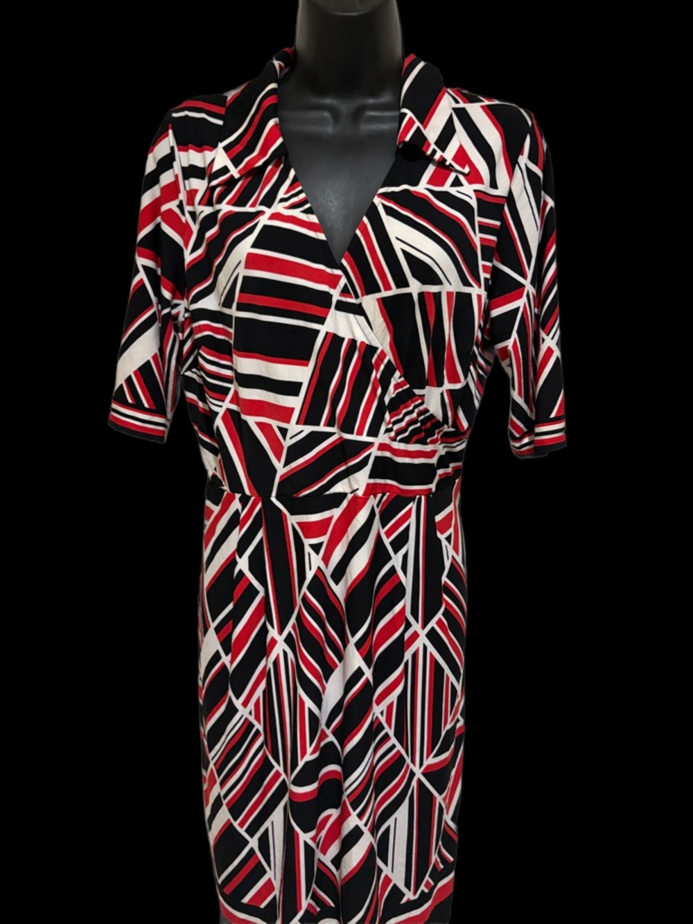 Geometric Wrap-Style Dress in Black, Red & White❤️